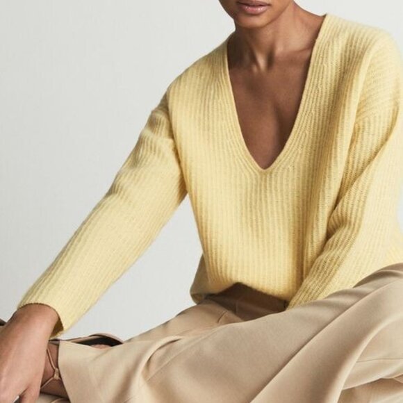 Reiss Trinny Yellow Cashmere Blend Deep V Jumper Sweater M - Picture 1 of 7